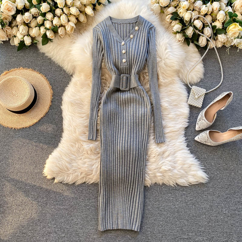 Belted Waist Long Sleeve Dress