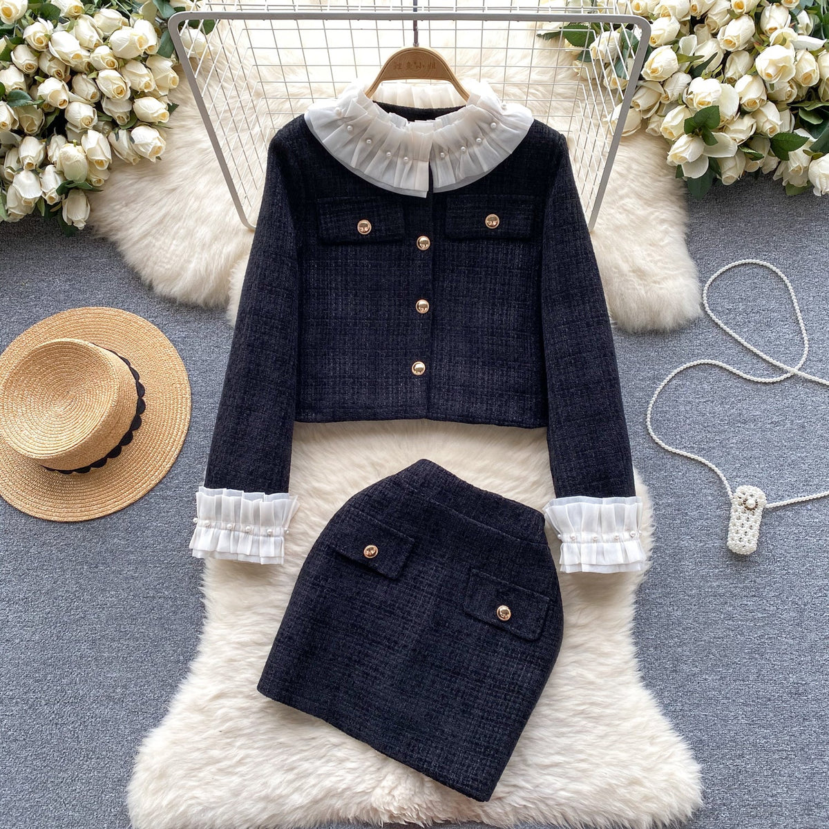 Lace Collar Camisole&Skirt 2Pcs