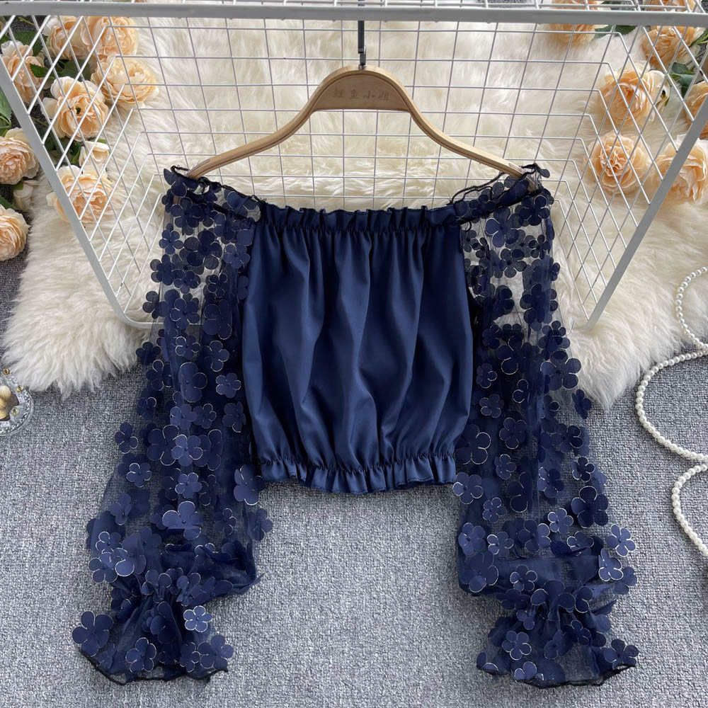Off-the-shoulder Cropped Mesh Floral Top