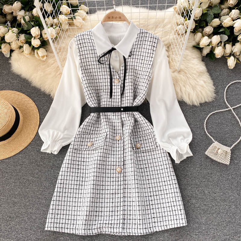 Two-piece Puff Sleeve Shirt Houndstooth Dress