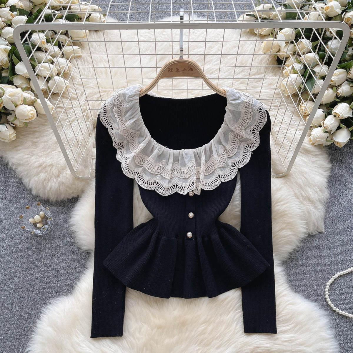 Sweetie Lace Patchwork Ruffled Knitwear