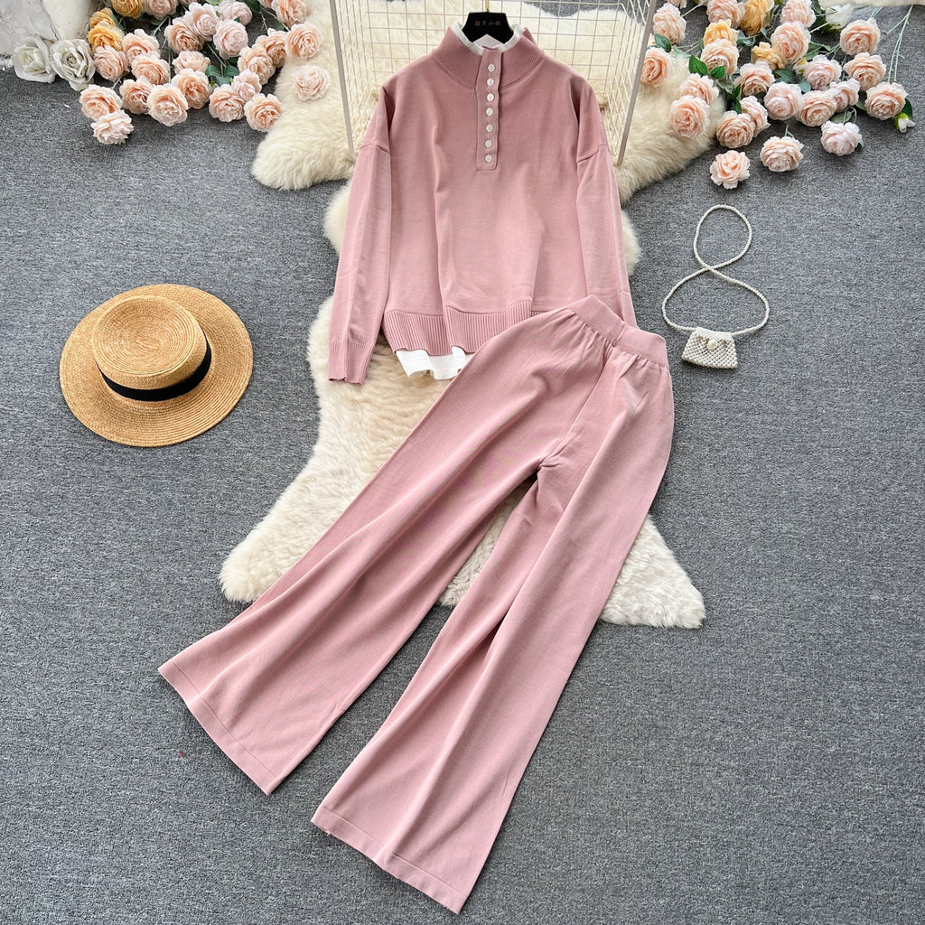 Color Blocking Jumper&Trousers Knitted 2Pcs