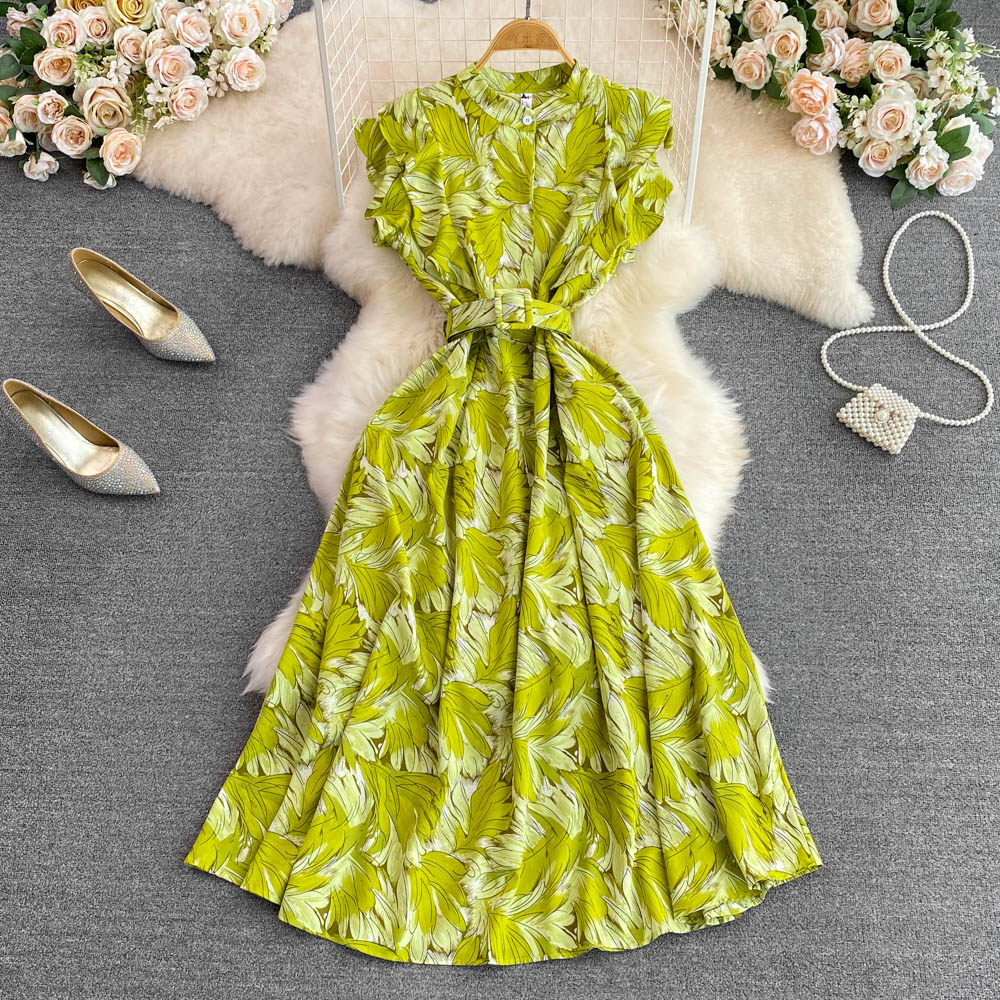 Stand Collar Floral Printed A-line Dress