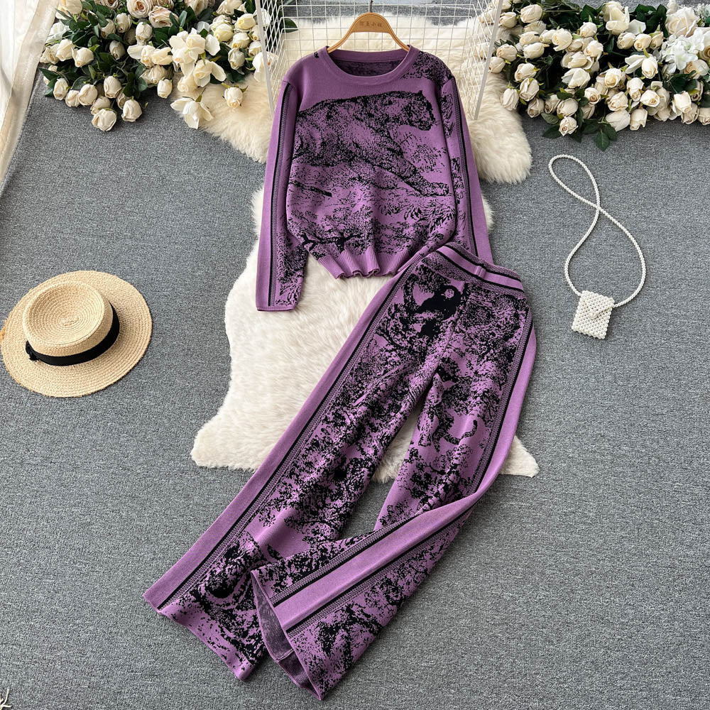 Knitted Printed Jersey&Wide-leg Trousers 2Pcs