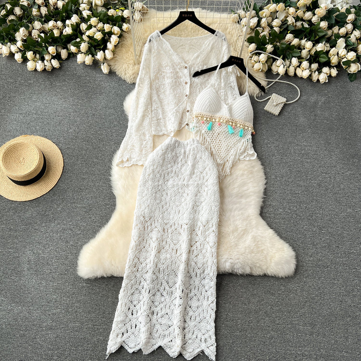 Cardigan&Camisole&Skirt Hollowed 3Pcs