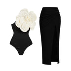 Black&White Striped One-piece Swimwear&Skirt 2Pcs