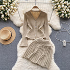 V-neck Cardigan&Pleated Skirt Knitted 2Pcs