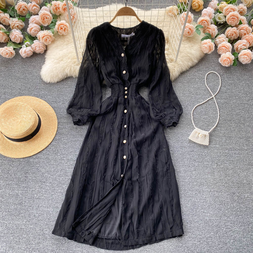 V-neck Single-breasted Long-sleeved Shirt Dress