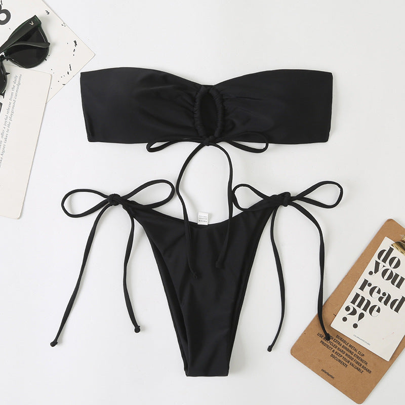 Solid Color Pleated Lace-up Bikini
