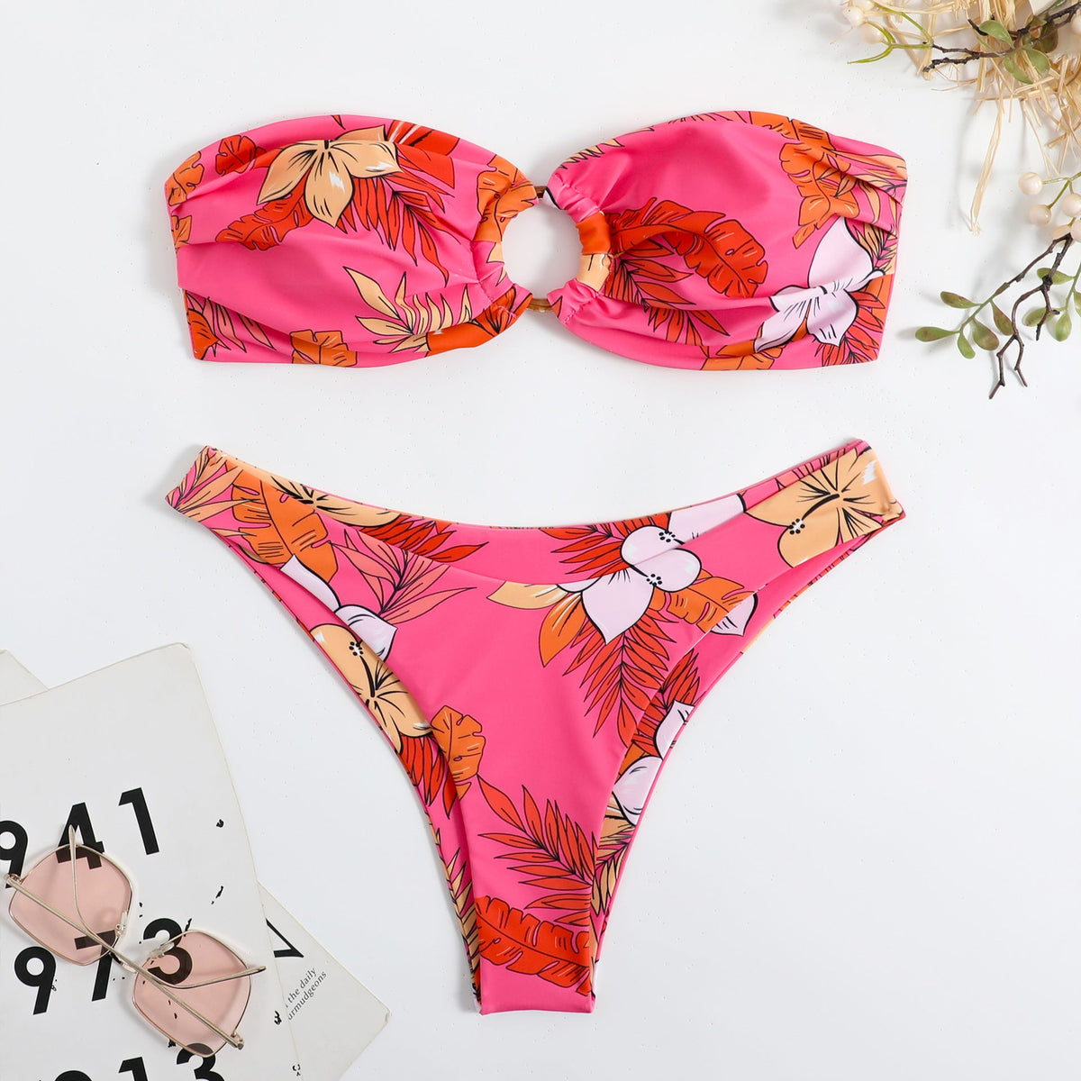 Halterless Multi-coloured Printed Bikini