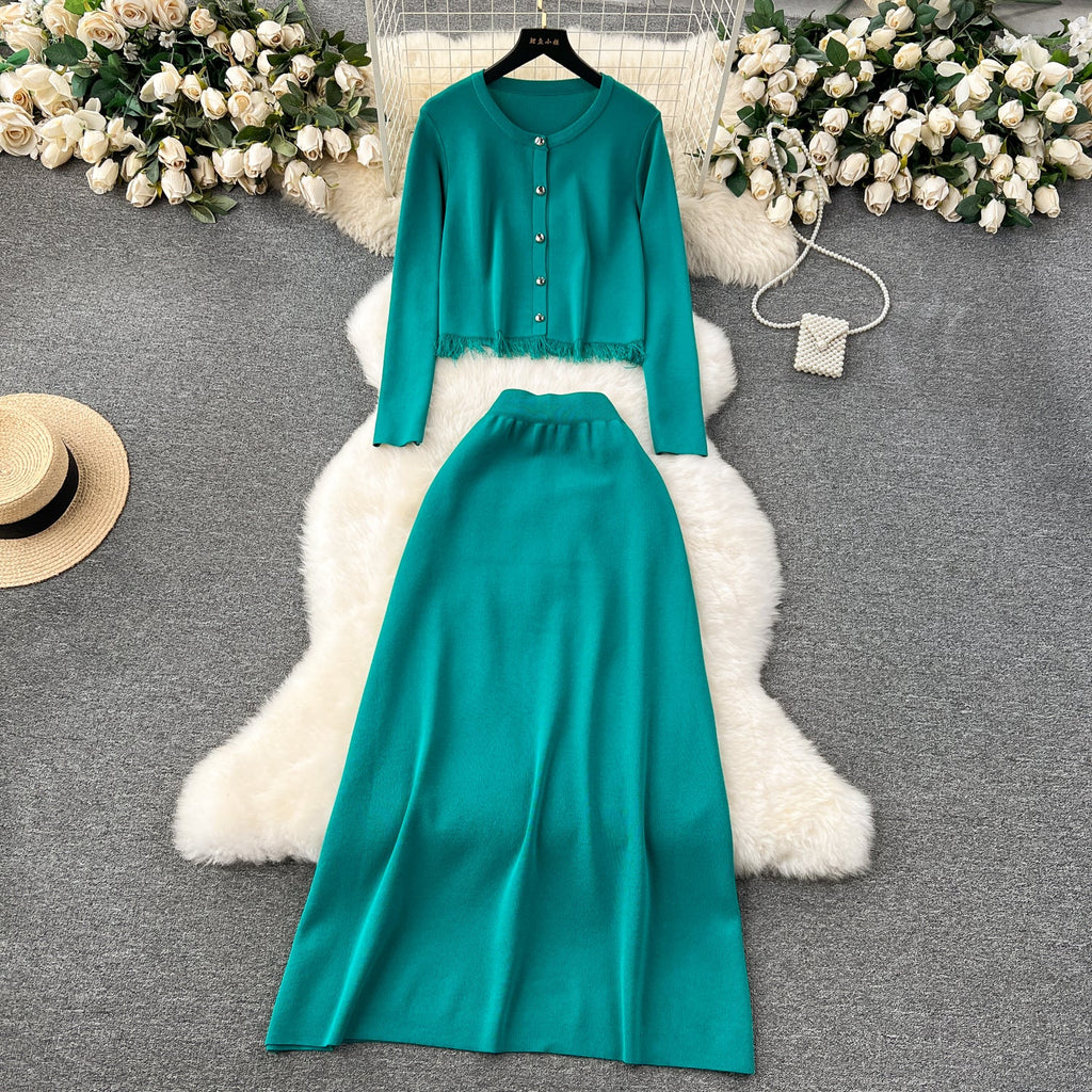 Cardigan&Half-body Skirt Fringed Knit 2Pcs