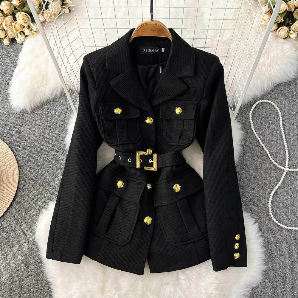 Metal Double-breasted Suit Jakcet with Waistbelt