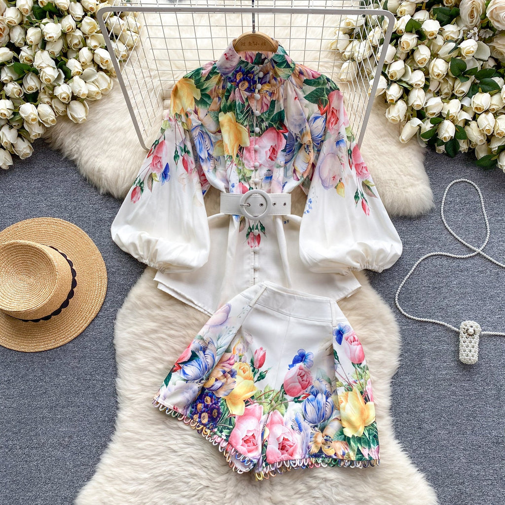 Courtly Floral Printed Shirt&Shorts 2Pcs