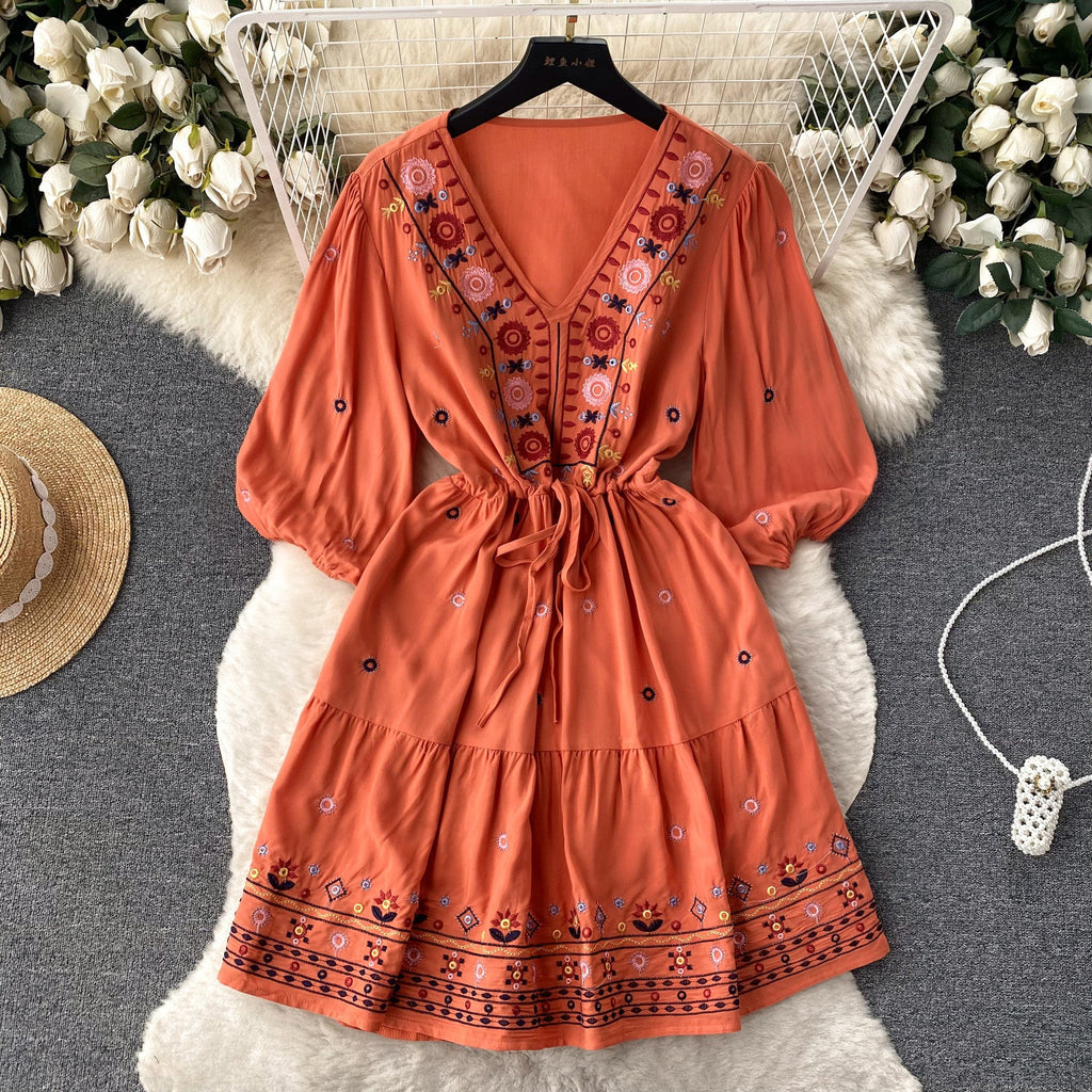Bohemian Embroidered Drawstring Floral Dress