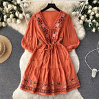 Bohemian Embroidered Drawstring Floral Dress