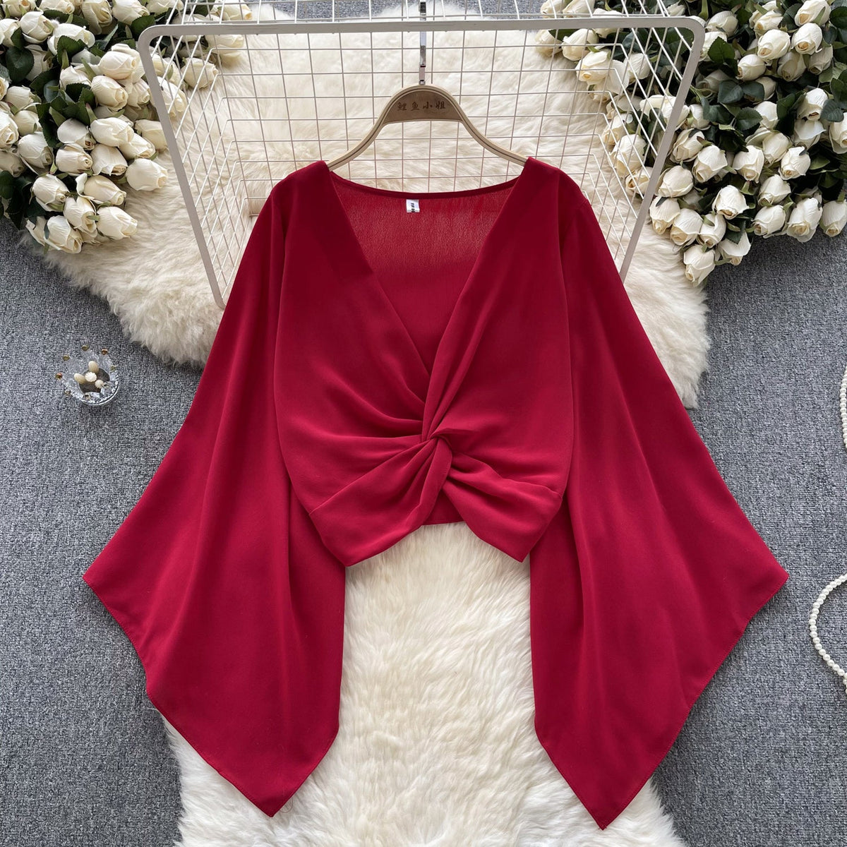V-Neck Twisted Solid Color Chiffon Top