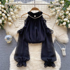 Beaded Bow-tie Pleated Glowing Shirt