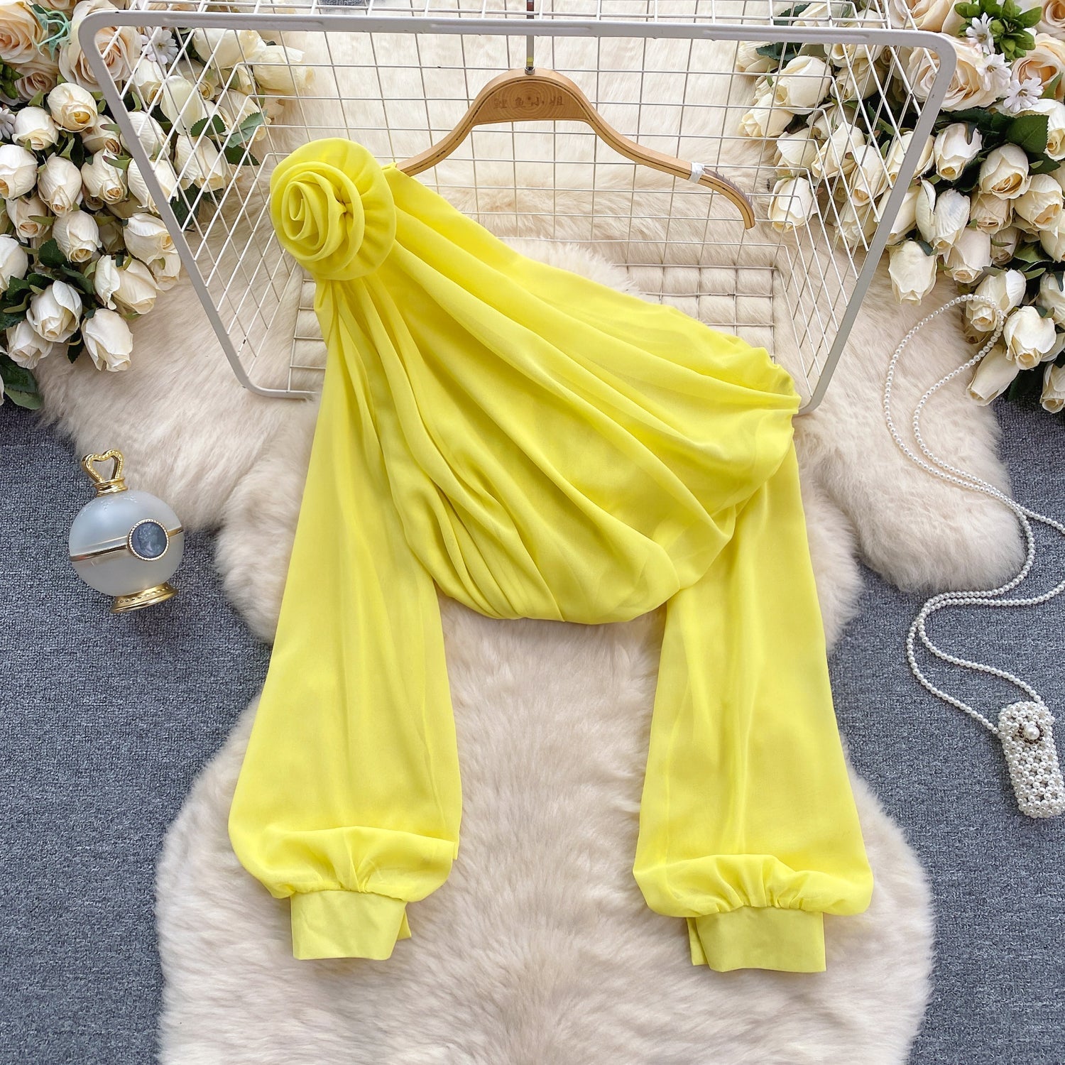 One-shoulder 3d Floral Chiffon Top