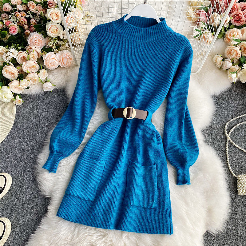 Turtleneck Long Sleeve Knitted Sweater Dress