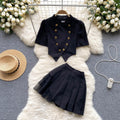 Double-breasted Top&Pleated Skirt 2Pcs