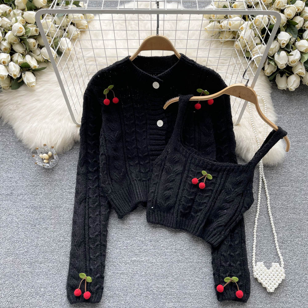 Cherry Knitted Cardigan&Camisole 2Pcs Set