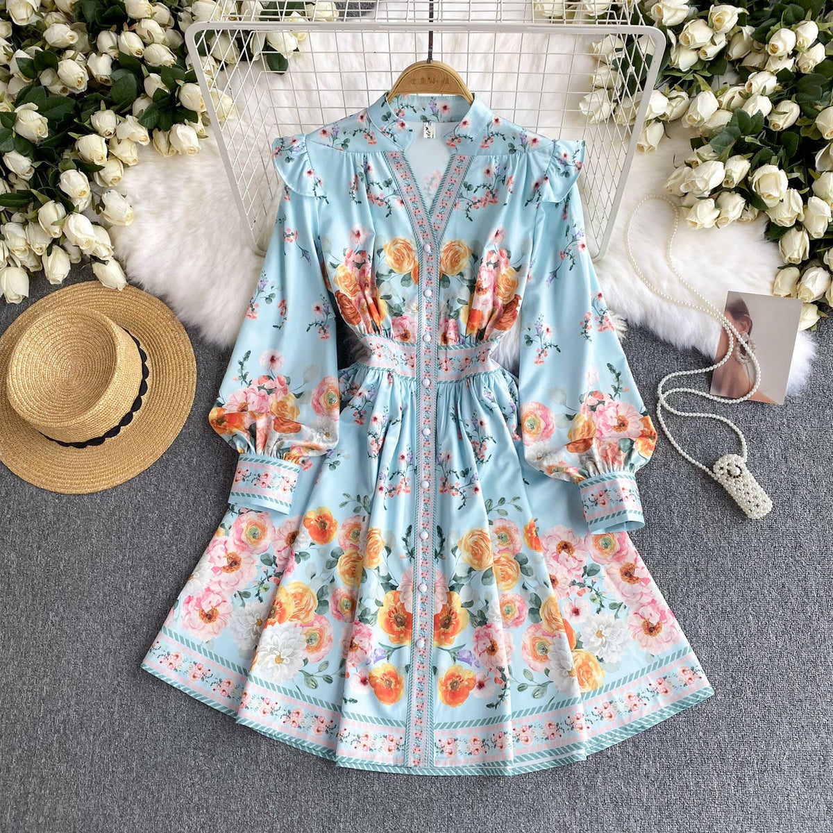 Courtly Floral Printed Ruffled Shirt Dress