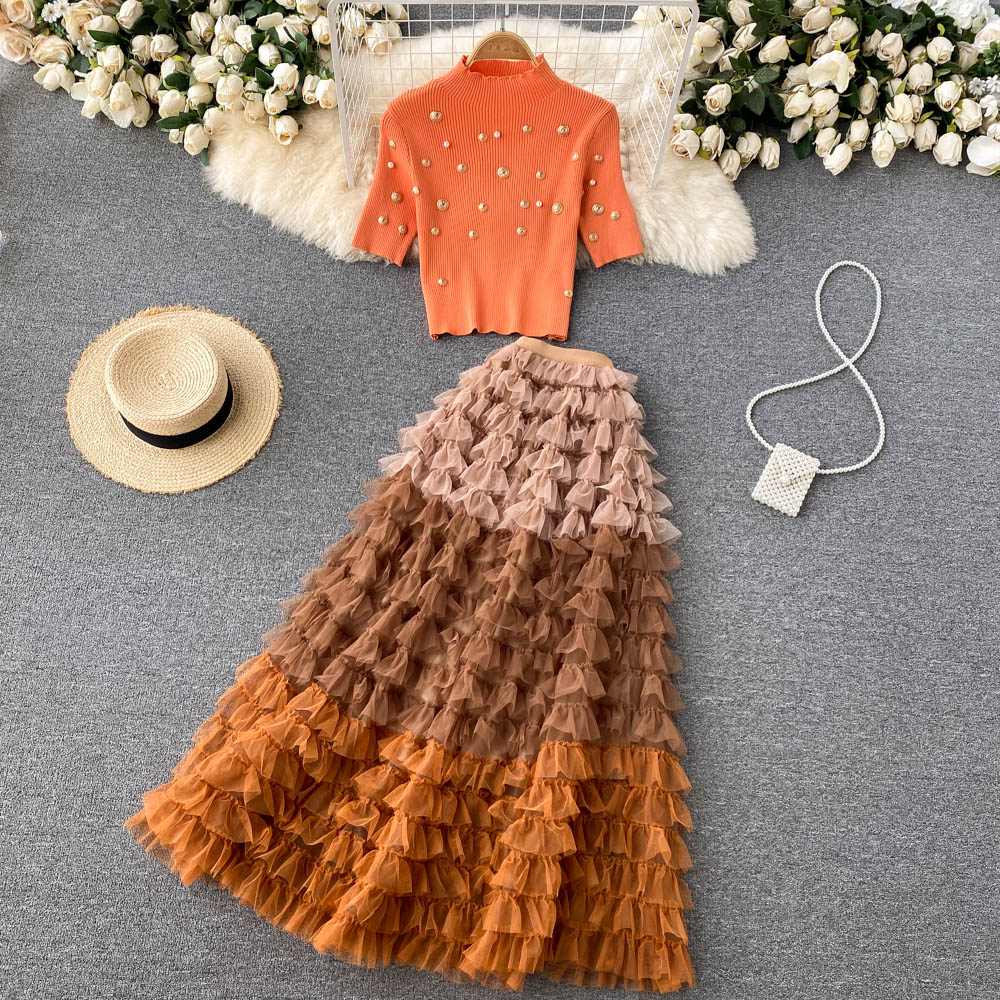Knitted Top & Mesh Skirt Two-piece Suit