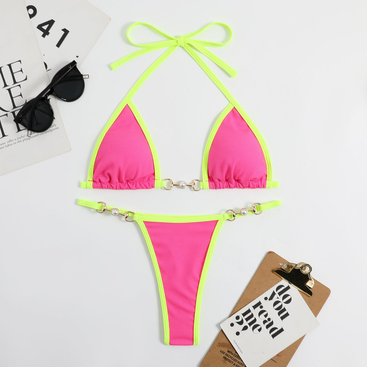 Pit-striped Fabric Color Blocking Bikini