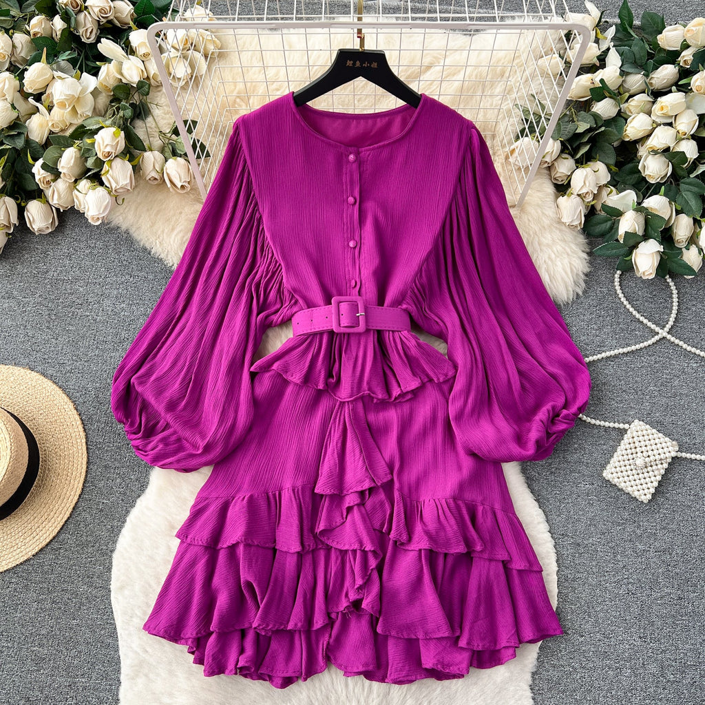 Courtly Puffy Sleeve Ruffled Dress