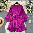 Courtly Puffy Sleeve Ruffled Dress