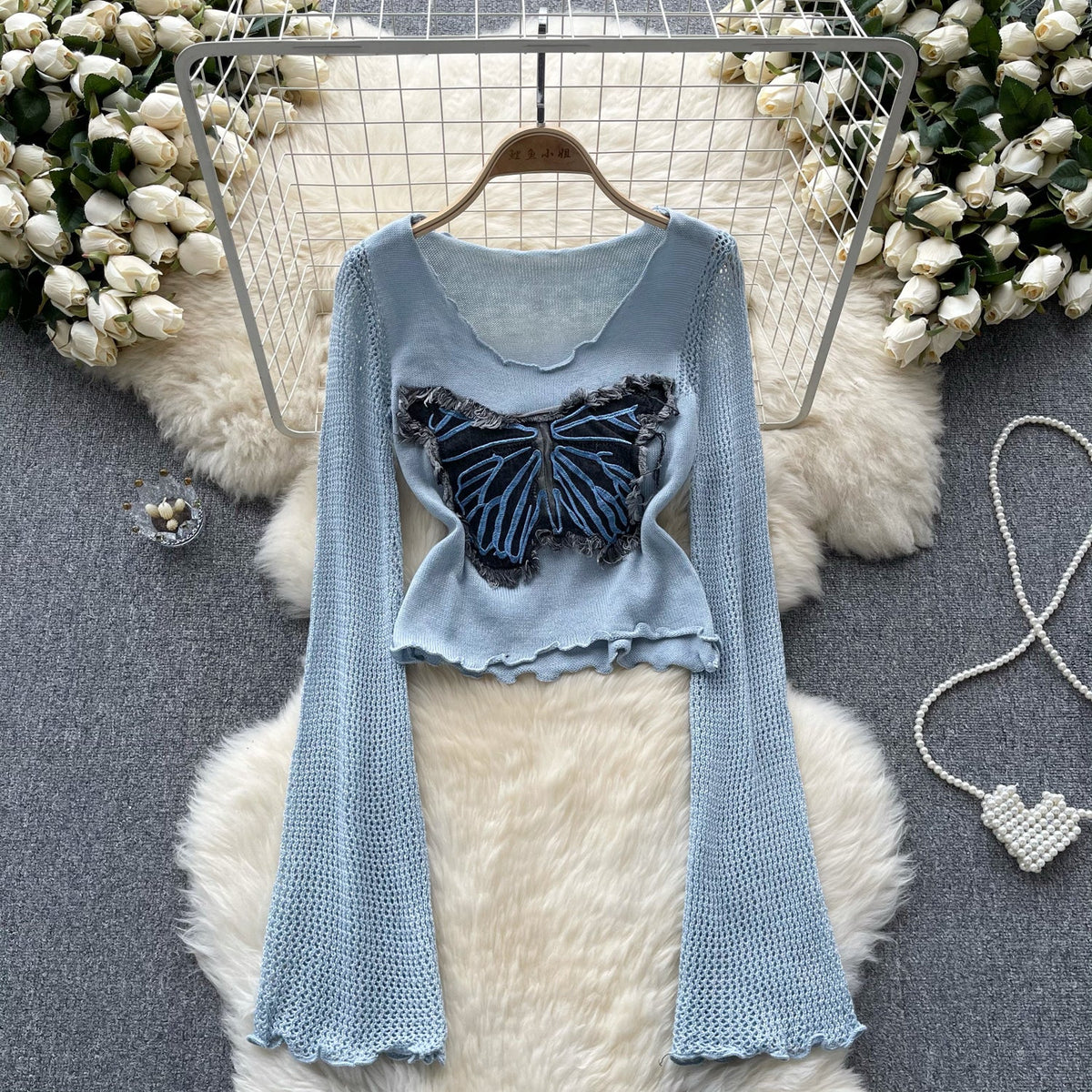 Vintage Distressed Butterfly Pattern Knitwear