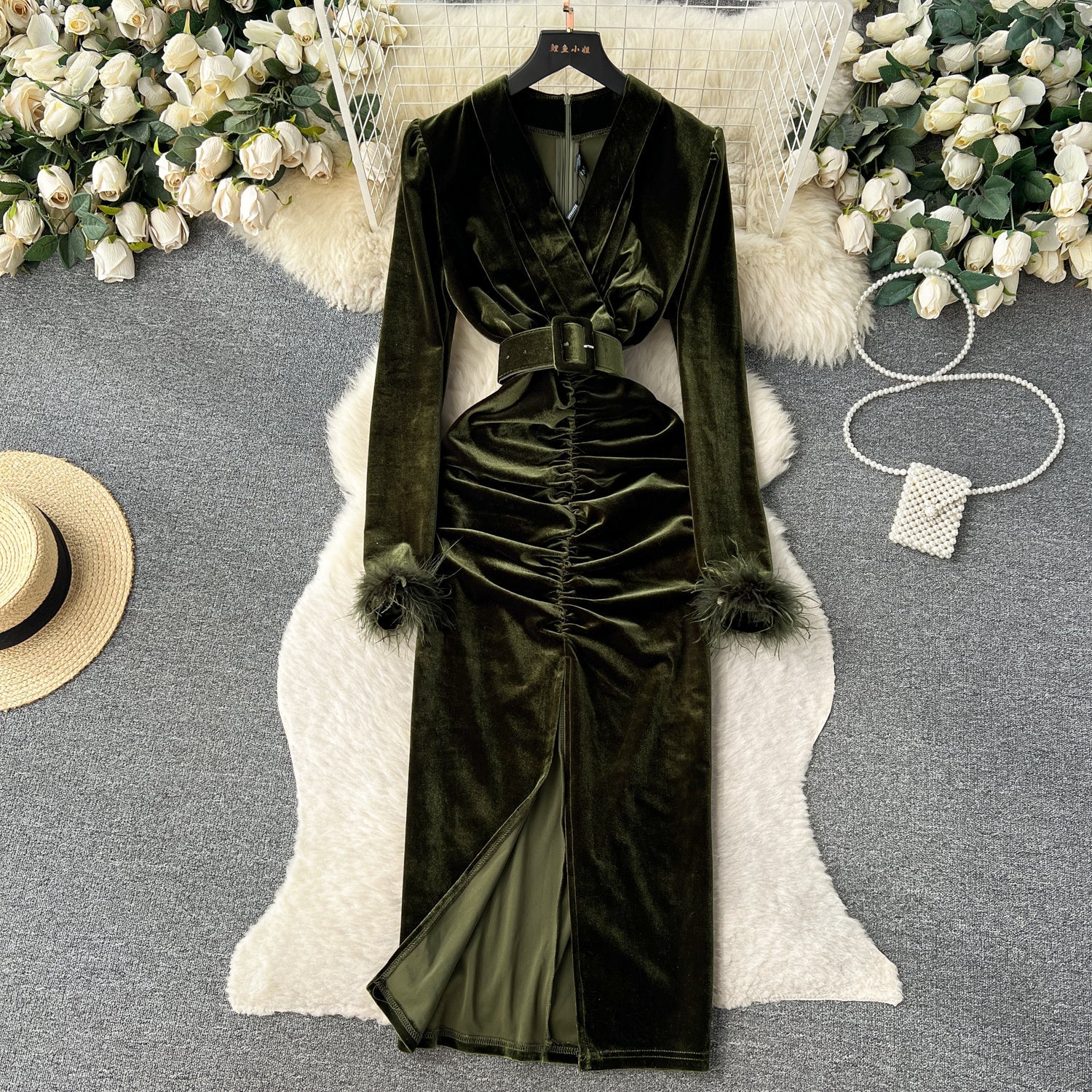 V-neck Slim-fitting Suede Split Dress