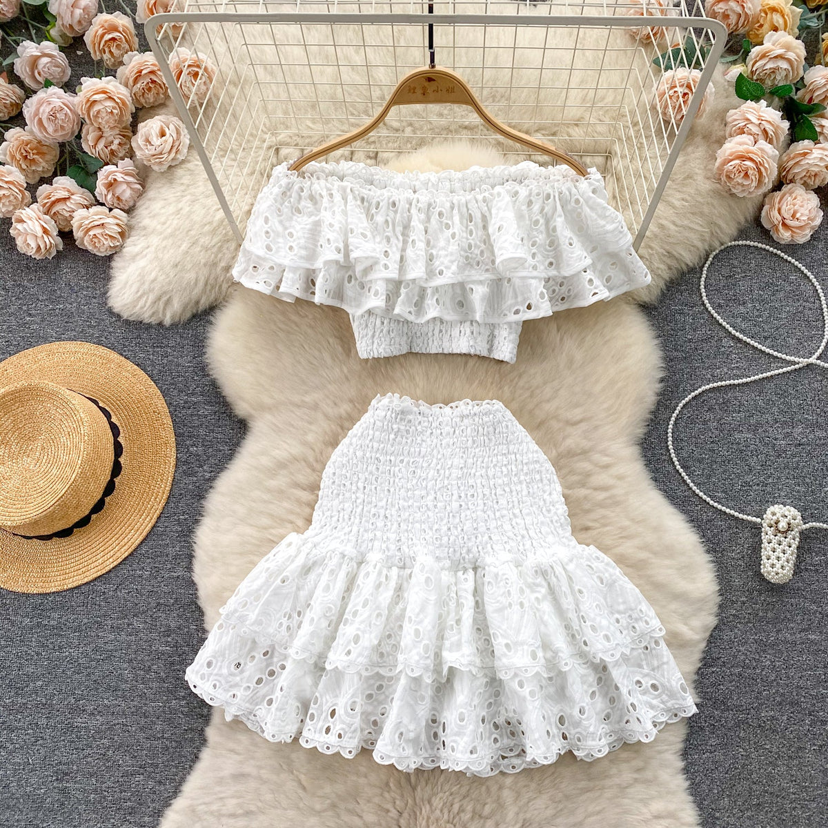 Ruffled Top&Skirt Hollowed Embroidered 2Pcs