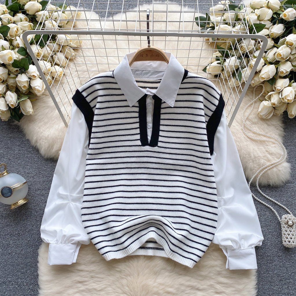Faux Two-pieces Patchwork Stripe Top