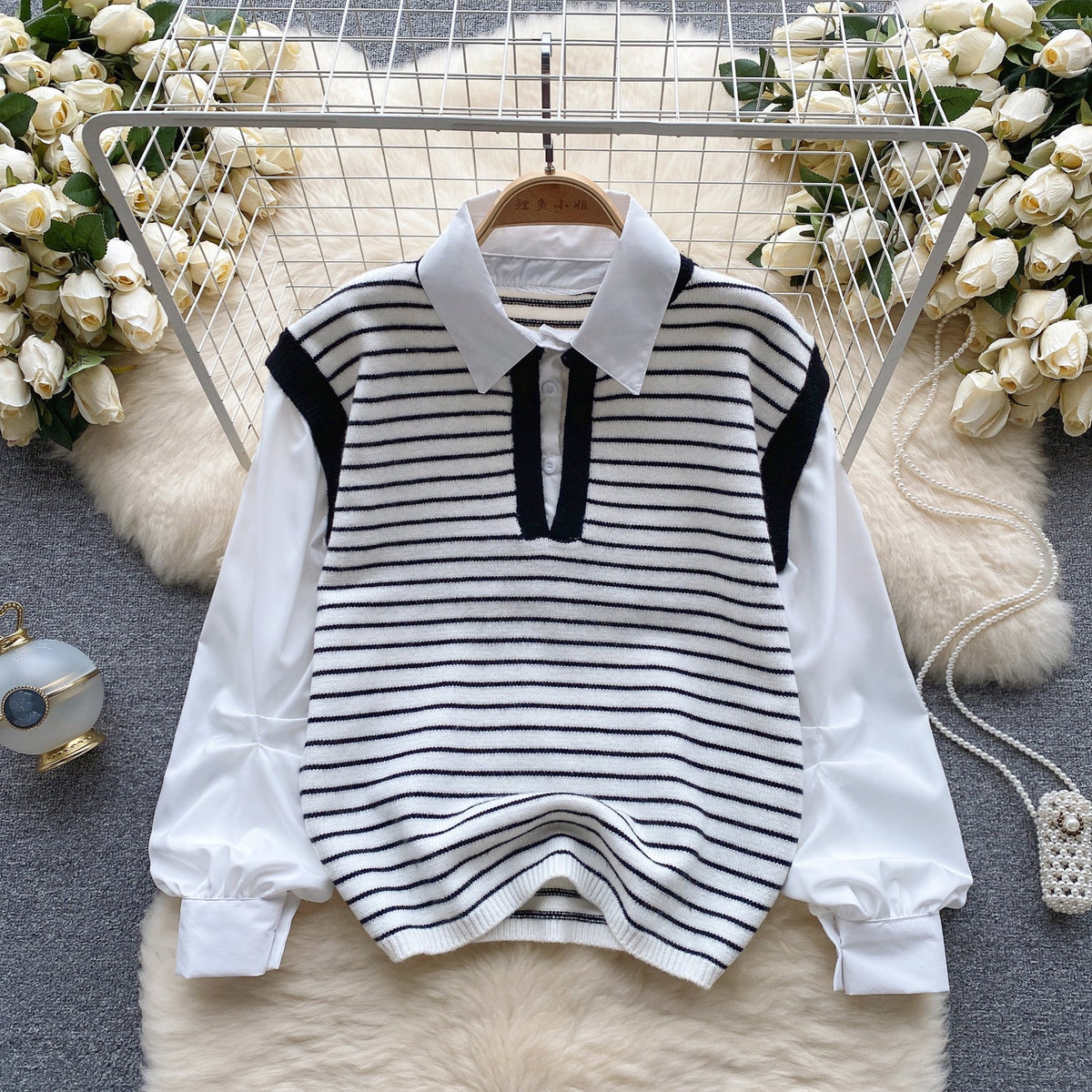 Faux Two-pieces Patchwork Stripe Top