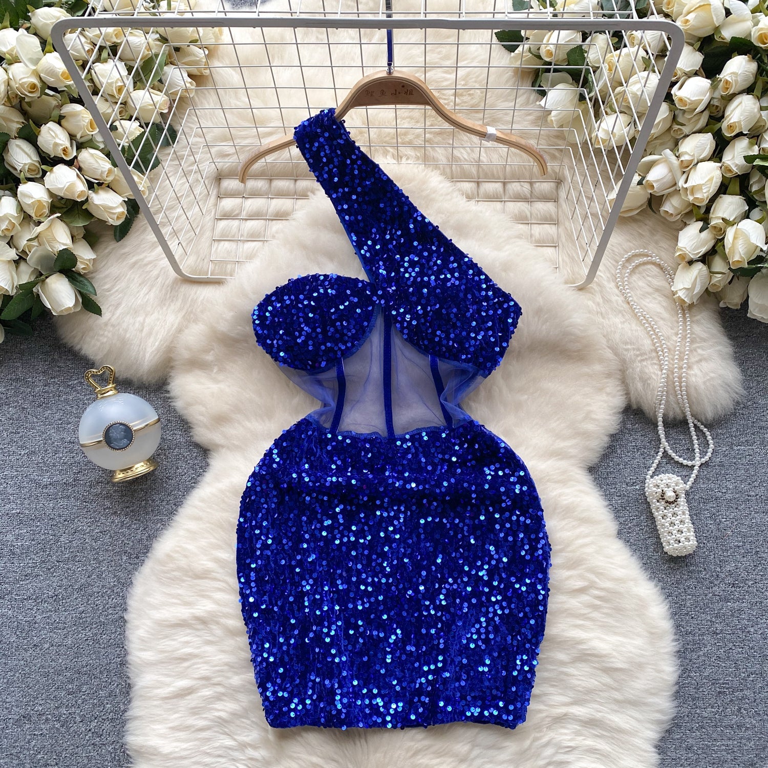 Slant Shoulder Sequin Mini Party Dress