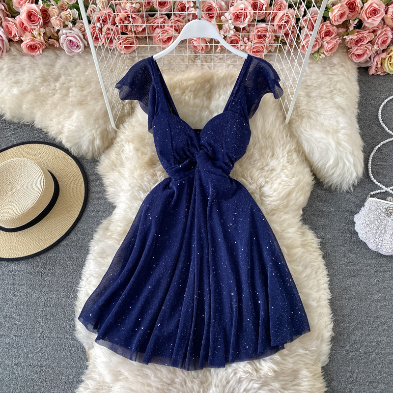 Sequined V-neck A-line Short Sleeve Dress