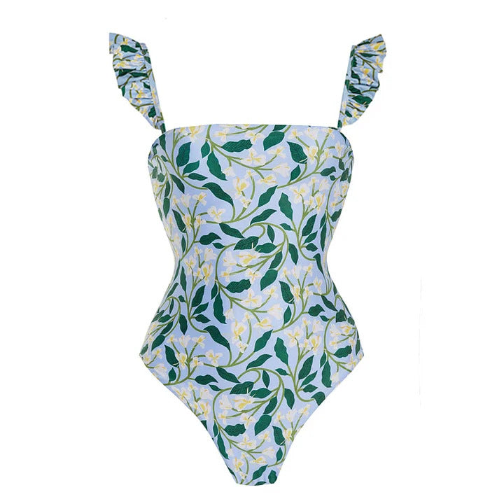 Ruffled Floral One-piece Swimwear&Skirt 2Pcs