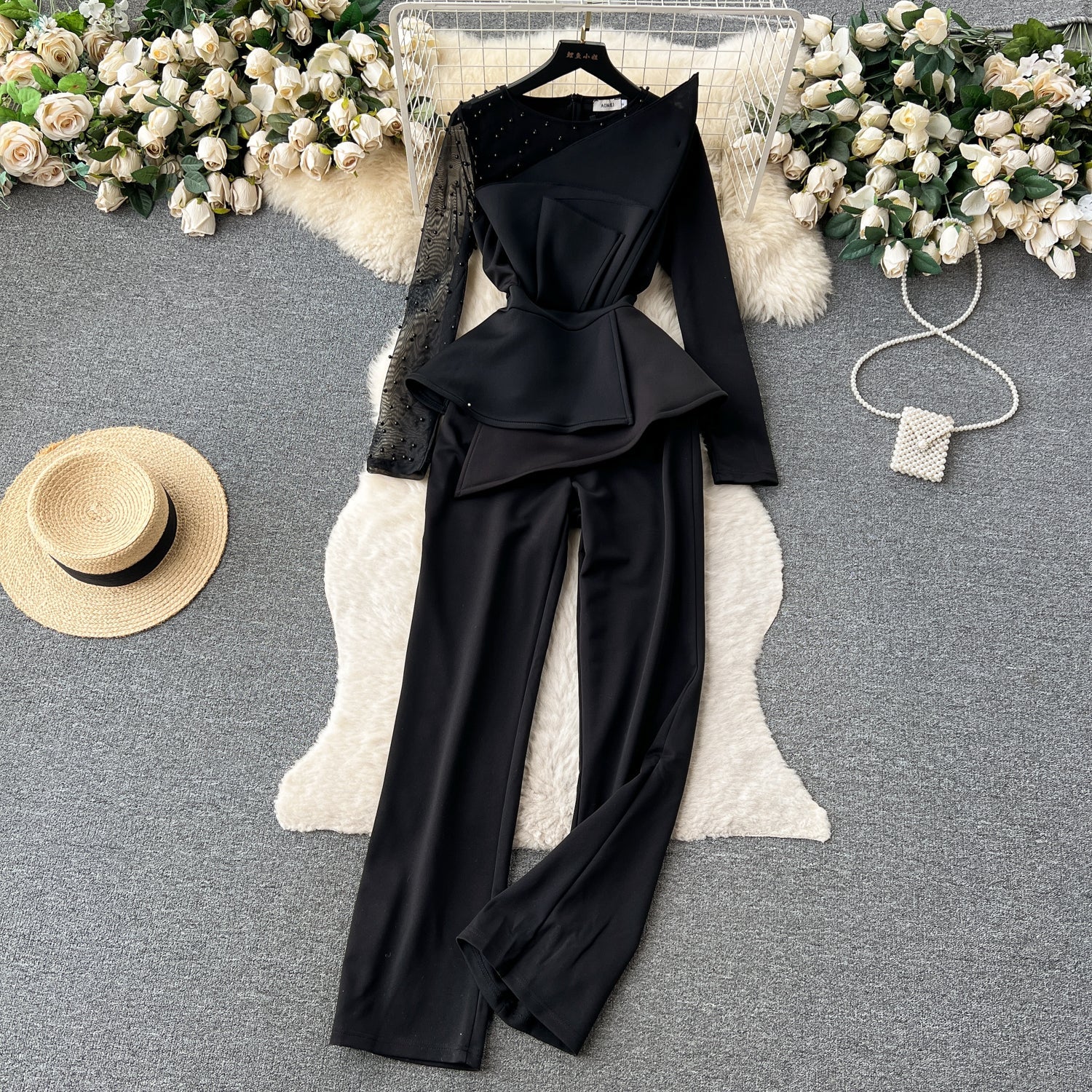 Mesh Blouse&Draped Trousers 2Pcs