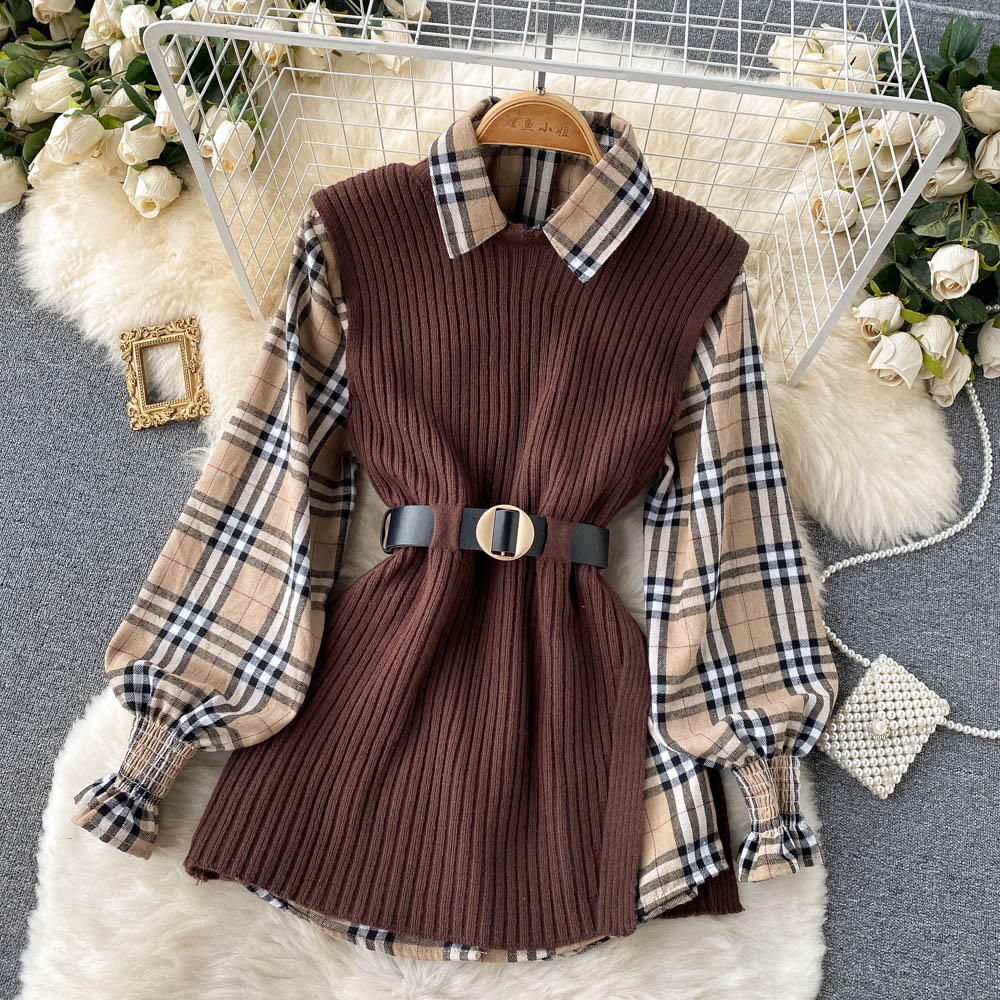 Two-piece Tartan Shirt Split Knit Vest