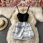 Patchwork Plaid Fake Two-Piece Sling Jumpsuit