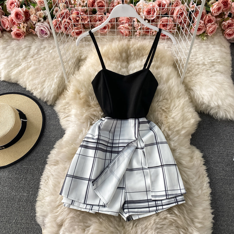 Patchwork Plaid Fake Two-Piece Sling Jumpsuit