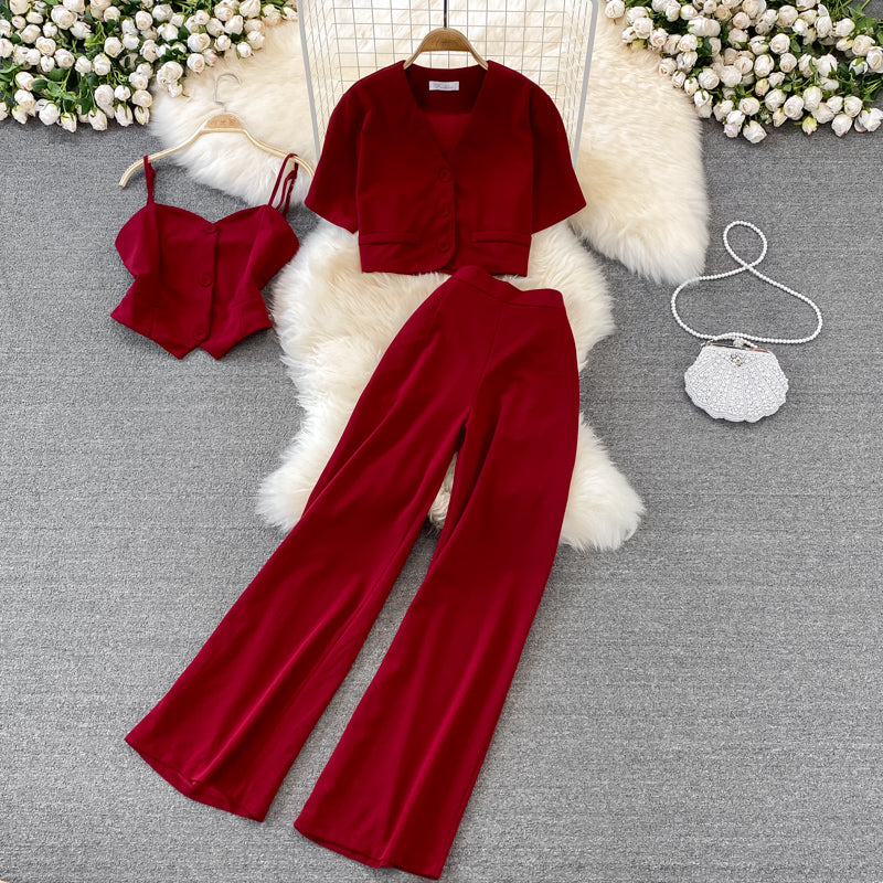 Camisole Short V-Neck Shirt Jacket Long Pants Three Piece