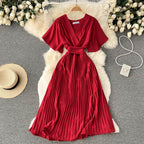 Chiffon Pleated Solid V-Neck Dress