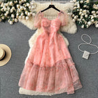 Bubble-sleeve Floral Organza Puffy Dress