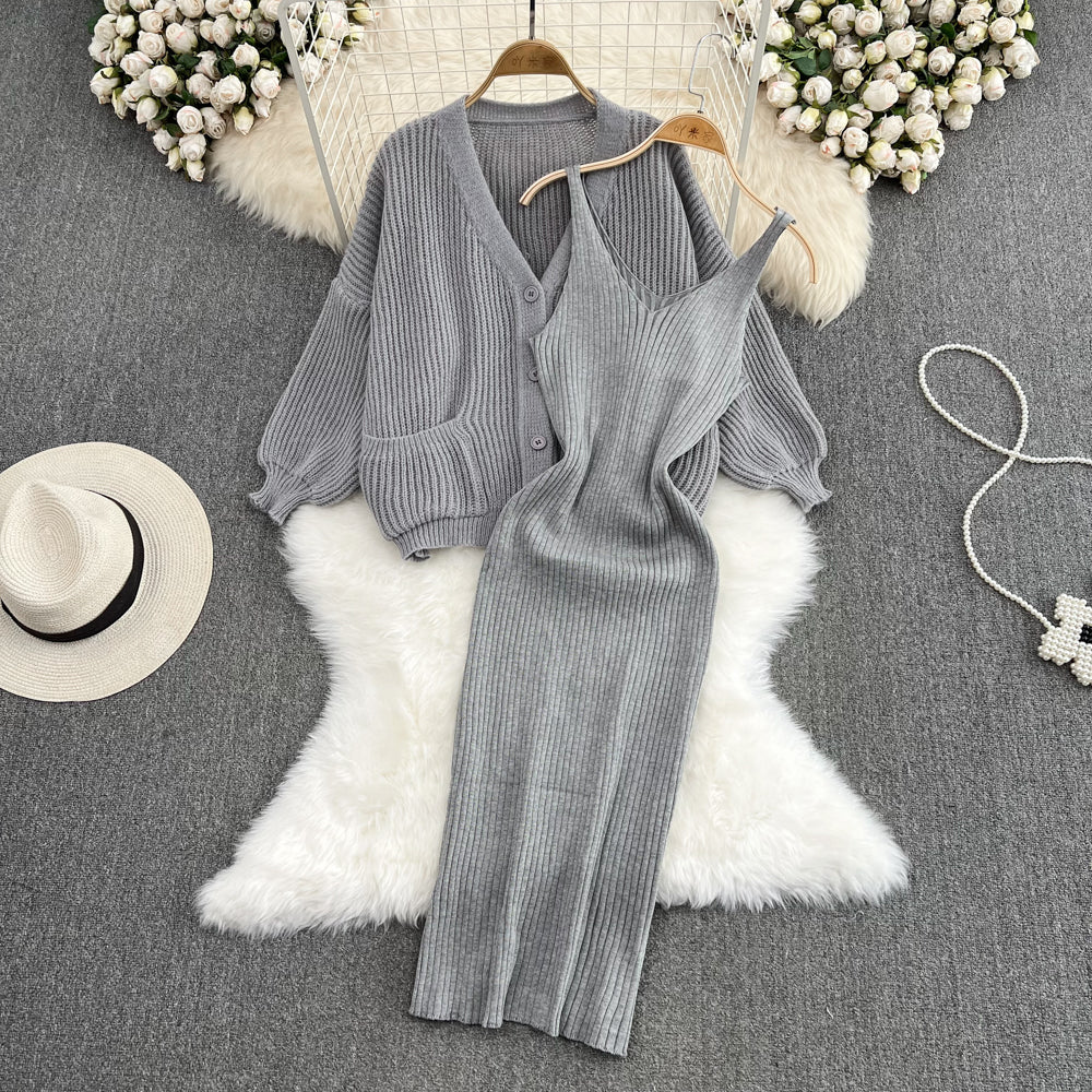 Loose Cardigan&Slip Dress Knitted 2Pcs