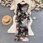 Swoosh Floral Printed Hip-wrapping Dress