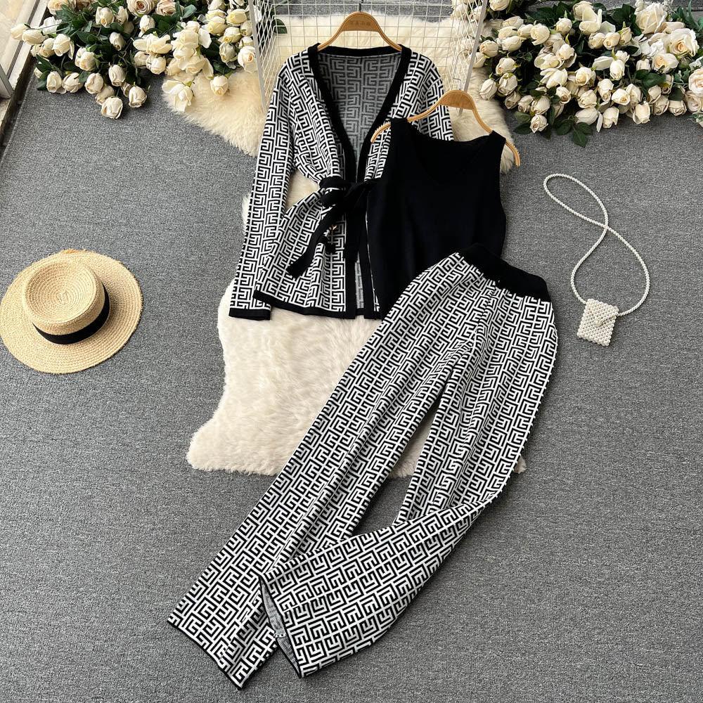 Printed Cardigan&Bottom Vest&Wide-leg Trousers