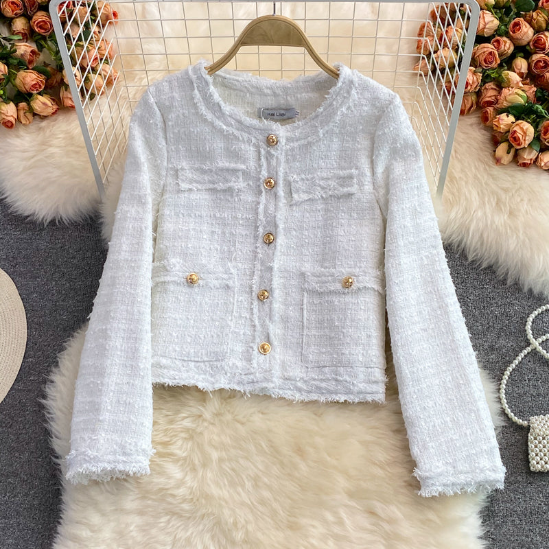 French Vintage Round Neck Braided Tweed Jacket
