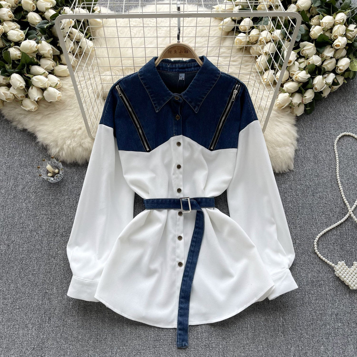 Niche Striped Patchwork Denim Shirt
